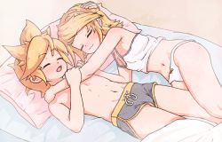 Rule 34 | bed, blonde hair, bra, brother and sister, closed eyes, closed mouth, commentary, dosya, english commentary, hand on another&#039;s head, highres, incest, kagamine len, kagamine rin, lying, messy hair, on back, on bed, on side, open mouth, panties, pillow, siblings, sleeping, thighs, underwear, underwear only, user hmsc7533, vocaloid