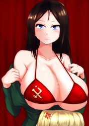 Rule 34 | 10s, 2girls, anger vein, bad id, bad pixiv id, black hair, blonde hair, blue eyes, blush, bra, breast rest, breasts, breasts on head, cleavage, closed mouth, clothes pull, emblem, girls und panzer, green jacket, height difference, highres, huge breasts, ibara azuki, jacket, katyusha (girls und panzer), keiazu, long hair, long sleeves, looking at viewer, multiple girls, nonna (girls und panzer), pravda (emblem), print bra, red bra, school uniform, self exposure, shirt pull, standing, swept bangs, underwear, upper body