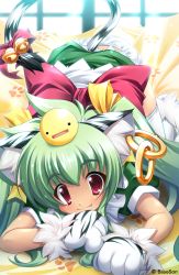 Rule 34 | 1girl, all fours, animal ears, animal hands, bell, bow, cat ears, cat paws, earrings, fang, gloves, green hair, highres, jewelry, koihime musou, kuwada yuuki, long hair, moukaku, panties, paw gloves, red eyes, ribbon, solo, tail, thighhighs, top-down bottom-up, underwear