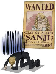 Rule 34 | 1boy, all fours, blonde hair, cigarette, crossdressing, depressed, formal, lipstick, makeup, male focus, one piece, sanji (one piece), smoking, solo, suit, syb, wanted poster