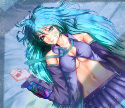 Rule 34 | 1girl, aqua eyes, aqua hair, bad id, bad pixiv id, bare shoulders, breasts, cleavage, detached sleeves, fta, hatsune miku, long hair, looking at viewer, lying, navel, necktie, on back, smile, solo, twintails, very long hair, vocaloid