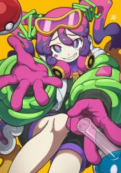 Rule 34 | 1girl, absurdres, bad link, bbyong403, blue eyes, coat, creatures (company), flask, game freak, goggles, goggles on head, hatsune miku, headphones, headphones around neck, highres, jumpsuit, knees up, long hair, long sleeves, looking at viewer, multicolored coat, multicolored eyes, multicolored hair, nintendo, pink eyes, poison miku (project voltage), pokemon, project voltage, purple hair, simple background, smile, solo, teeth, twintails, vocaloid
