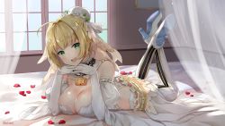 Rule 34 | 10s, 1girl, :d, ahoge, bed, blonde hair, blush, boots, breasts, chain, cleavage, collar, curtains, detached collar, detached sleeves, elbow gloves, fate/extra, fate/extra ccc, fate/grand order, fate (series), flower, gloves, green eyes, hair flower, hair intakes, hair ornament, highres, indoors, interlocked fingers, juliet sleeves, kaetzchen, large breasts, leotard, lock, long sleeves, lying, nero claudius (bride) (fate), nero claudius (bride) (second ascension) (fate), nero claudius (fate), nero claudius (fate) (all), on stomach, open mouth, padlock, petals, puffy sleeves, revision, signature, smile, solo, strapless, strapless leotard, teeth, thigh boots, thighhighs, transparent, upper teeth only, veil, white collar, white flower, white footwear, white gloves, white leotard, white thighhighs, window