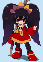 Rule 34 | 1girl, :&lt;, ashley (warioware), black eyes, black hair, black pantyhose, blue background, blush, broom, child, closed mouth, commentary request, dress, full body, hair between eyes, hair ornament, highres, holding, holding broom, long hair, long sleeves, looking at viewer, neckerchief, nintendo, orange neckerchief, pantyhose, red dress, red footwear, shoes, skull, sleeves past wrists, solo, twintails, v-shaped eyebrows, very long hair, warioware, wide sleeves, zankuro