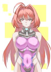 Rule 34 | 1girl, absurdres, adapted costume, ahoge, arms behind back, bodysuit, breasts, covered navel, expressionless, fortified suit, groin, hair intakes, highres, hip vent, kagami sumika, long hair, looking at viewer, medium breasts, mota saru, muv-luv, muv-luv alternative, parted lips, pink bodysuit, red eyes, skin tight, sleeveless, sleeveless bodysuit, solo, straight-on, very long hair