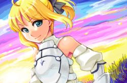 Rule 34 | 00s, 1girl, armor, artoria pendragon (fate), blonde hair, blue eyes, capcom, fate/stay night, fate/unlimited codes, fate (series), female focus, manji taba, outdoors, ribbon, saber (fate), saber lily, short hair, sky, smile, solo