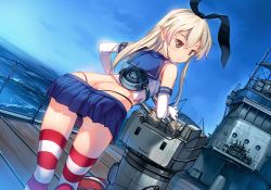 Rule 34 | 10s, 1girl, :&lt;, absurdres, ass, bad id, bad twitter id, bent over, blonde hair, bow, elbow gloves, gloves, hair bow, highres, hino katsuhiko, kantai collection, long hair, military, military vehicle, miniskirt, rensouhou-chan, school uniform, serafuku, shimakaze (kancolle), ship, skirt, striped clothes, striped thighhighs, thighhighs, warship, watercraft