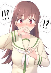 Rule 34 | !?, 1girl, akahi242, blush, brown hair, covering own mouth, highres, kantai collection, long hair, looking at viewer, neckerchief, ooi (kancolle), red eyes, school uniform, serafuku, simple background, solo, upper body, white background, white neckerchief