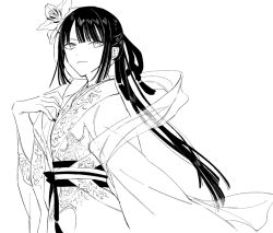 Rule 34 | 1girl, blunt bangs, chinese clothes, closed mouth, fate/grand order, fate (series), flower, greyscale, hagoromo, hair flower, hair ornament, hair ribbon, hand on own chest, hanfu, jing ke (fate), katagiri (mighty swing), long hair, long sleeves, looking at viewer, monochrome, nail polish, ponytail, ribbon, sash, shawl, sketch, smile, solo, tassel, upper body, wide sleeves