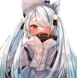 Rule 34 | 1girl, azur lane, black ribbon, blush, covered mouth, hair ornament, hair over one eye, hair ribbon, hands up, hat, highres, ichigo moka, kiev (azur lane), long hair, looking at viewer, one eye covered, pointy hair, pom pom (clothes), pom pom hair ornament, red eyes, ribbon, simple background, sleeves past fingers, sleeves past wrists, solo, straight-on, turtleneck, twintails, upper body, white background, white hair, white hat