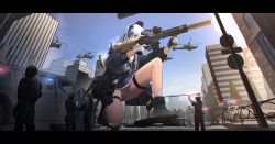 Rule 34 | 1girl, absurdres, aircraft, assault rifle, black footwear, black jacket, blue sky, blunt bangs, building, car, city, cloud, commission, finger on trigger, giant, giantess, girls&#039; frontline, gloves, green eyes, gun, h&amp;k hk416, hanabusaraleigh, helicopter, highres, hk416 (girls&#039; frontline), hk416 (mod3) (girls&#039; frontline), holding, holding gun, holding weapon, jacket, letterboxed, long hair, mod3 (girls&#039; frontline), motor vehicle, outdoors, panties, pantyshot, pixiv commission, rifle, shoes, silver hair, sky, thigh strap, underwear, weapon, white gloves, white panties