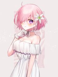 Rule 34 | 1girl, alternate costume, bare shoulders, blush, breasts, choker, cleavage, commentary request, dress, fate/grand order, fate (series), flower, gloves, grey background, hair between eyes, hair flower, hair ornament, hair over one eye, hand on own chin, harukappa, highres, looking at viewer, mash kyrielight, off-shoulder dress, off shoulder, pink hair, purple eyes, ribbon, ribbon choker, short hair, simple background, smile, solo, twitter username, upper body, white dress, white flower, white gloves, white ribbon