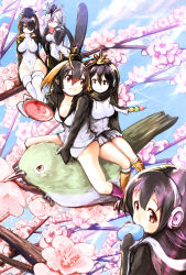 Rule 34 | 10s, 5girls, awa (rosemarygarden), bird, black hair, blush, branch, breasts, cherry blossoms, cleavage, covered navel, emperor penguin (kemono friends), flower, food, gentoo penguin (kemono friends), hair between eyes, headphones, highres, hinamatsuri, humboldt penguin (kemono friends), jacket, japari bun, kemono friends, long hair, mini person, minigirl, multicolored hair, multiple girls, multiple riders, open mouth, pink hair, red eyes, riding, rockhopper penguin (kemono friends), royal penguin (kemono friends), smile, thighhighs, turtleneck, twintails, white hair, white legwear