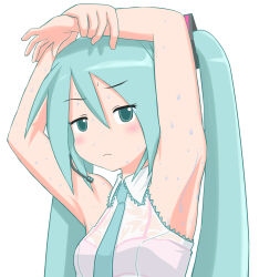 Rule 34 | 1girl, aqua eyes, aqua hair, aqua necktie, armpits, arms up, blush, bra, bra visible through clothes, breasts, closed mouth, collar, green eyes, green hair, hair between eyes, hatsune miku, highres, holding own arm, long hair, looking at viewer, microphone, nanawapon, necktie, pink bra, presenting armpit, see-through, see-through shirt, simple background, sleeveless, small breasts, sweat, sweaty clothes, twintails, underwear, upper body, very long hair, vocaloid, white background