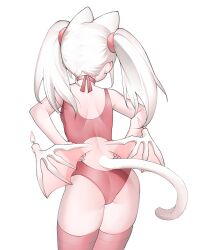 Rule 34 | 1girl, animal ears, ass, backless swimsuit, bare arms, bare shoulders, brown thighhighs, candle, commentary request, facing away, fire, from behind, highres, long hair, low wings, mini wings, one-piece swimsuit, original, pink one-piece swimsuit, skindentation, soda (sod4), solo, swimsuit, tail, thighhighs, twintails, white hair, white wings, wings