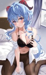 Rule 34 | 1girl, absurdres, ahoge, bare shoulders, bed, blue hair, blush, bra, breasts, cleavage, collarbone, curtains, ganyu (genshin impact), genshin impact, goat horns, highres, horns, indoors, lace, lace-trimmed bra, lace trim, large breasts, long hair, looking at viewer, multicolored eyes, navel, no pants, on bed, open clothes, open shirt, paid reward available, pantyhose, parted lips, pillow, purple eyes, shirt, sidelocks, sitting, solo, sunlight, underwear, wariza, wavy hair, white shirt, window, yamamoto (ymmt is sexy)