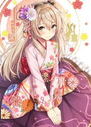 Rule 34 | 1girl, 2023, akashio (loli ace), black hairband, brown eyes, commentary request, flower, girls und panzer, hair between eyes, hair flower, hair ornament, hairband, highres, japanese clothes, kimono, light blush, light brown hair, long hair, long sleeves, looking at viewer, obi, one side up, sash, shimada arisu, smile, solo, v arms