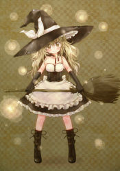 Rule 34 | 1girl, absurdres, alternate costume, apron, bare shoulders, blonde hair, blush, boots, broom, checkered background, choker, female focus, gloves, hat, head tilt, highres, kirisame marisa, long hair, looking at viewer, messy hair, smile, solo, standing, touhou, waist apron, witch, witch hat, yellow eyes, yukiu con