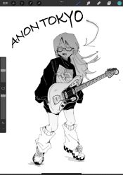 Rule 34 | 1girl, arrow (symbol), art program in frame, bang dream!, bang dream! it&#039;s mygo!!!!!, character name, chihaya anon, electric guitar, fang, fender jazzmaster, full body, glasses, greyscale, guitar, highres, instrument, jacket, leg warmers, long hair, long sleeves, monochrome, open clothes, open jacket, open mouth, procreate (medium), simple background, sleeves past fingers, sleeves past wrists, solo, spot color, white background, zongchi