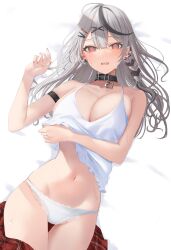 Rule 34 | 1girl, @ @, black hair, braid, breasts, camisole, cleavage, collar, grey hair, hair ornament, hairclip, highres, hololive, large breasts, long hair, lying, midriff, mishimahachi, multicolored hair, nail polish, navel, on back, on bed, panties, pillow, red eyes, red nails, sakamata chloe, side braid, skirt, unworn skirt, solo, streaked hair, sweat, underwear, virtual youtuber, white camisole, white panties, x hair ornament