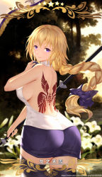 Rule 34 | 1girl, ass, back, bare shoulders, blonde hair, braid, breasts, butt crack, cangkong, fate/apocrypha, fate/grand order, fate (series), flower, hair ribbon, halterneck, highres, jeanne d&#039;arc (fate), jeanne d&#039;arc (girl from orleans) (fate), jeanne d&#039;arc (ruler) (fate), large breasts, lily (flower), long hair, looking at viewer, looking back, low-tied long hair, miniskirt, parted lips, purple eyes, ribbon, sideboob, single braid, skirt, solo, tattoo, thighhighs