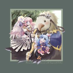 Rule 34 | 2girls, animal, animal on head, armor, armored boots, armored skirt, black cat, blue capelet, blue hair, blush, boots, border, capelet, cat, cat on head, closed mouth, commentary request, english text, feathered wings, full body, furry, furry female, gauntlets, green border, griffin, gryphon (ragnarok online), halo, heart tail duo, highres, holding, holding animal, holding cat, kuma king, long hair, looking at viewer, multiple girls, on head, pants, pauldrons, pink hair, pink pants, ragnarok online, reins, royal guard (ragnarok online), shield, shoulder armor, smile, summoner (ragnarok online), tree, white cat, white wings, wings