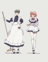 Rule 34 | 2girls, apron, black dress, black footwear, bow, breasts, buttons, cake, cake slice, dress, emiya shirou, fate/stay night, fate (series), food, frilled dress, frills, garter straps, genderswap, genderswap (mtf), getter robo, gou saotome, green hair, hanahiyo (hoimin), highres, holding, holding mop, holding tray, large breasts, long dress, looking at another, looking down, maid, maid apron, maid headdress, medium hair, mop, multiple girls, neck ribbon, orange hair, plate, red eyes, red ribbon, ribbon, shin getter robo, short dress, short hair, simple background, small breasts, thighhighs, tray, waist bow, white apron, white background, white soccer ball, white thighhighs, white wrist cuffs, wrist cuffs, yellow eyes