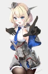 Rule 34 | 1girl, absurdres, bad id, bad pixiv id, black gloves, black pantyhose, blonde hair, blue eyes, blue necktie, braid, breasts, capelet, colorado (kancolle), commentary request, dress, elbow gloves, foreshortening, garrison cap, gloves, grey background, grey dress, hand on own chest, hat, headgear, highres, kantai collection, large breasts, looking at viewer, necktie, open mouth, pantyhose, pleated dress, pointing, round teeth, shirt, short hair, side braids, sideboob, simple background, sleeveless, smile, solo, teeth, upper teeth only, white shirt, zaresutii