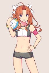 Rule 34 | 1girl, adapted costume, ahoge, alternate costume, ball, bracelet, brown hair, collarbone, cowboy shot, female focus, grey background, grin, hair intakes, hair ribbon, hand on own hip, holding, holding ball, jewelry, kagerou (kancolle), kagerou kai ni (kancolle), kantai collection, long hair, looking at viewer, nakaaki masashi, navel, purple eyes, ribbon, short shorts, shorts, simple background, smile, solo, sports bikini, swimsuit, twintails, volleyball (object), white ribbon