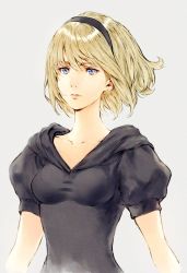 Rule 34 | 1girl, android, black dress, blonde hair, blue eyes, breasts, coll, collarbone, dress, grey background, hairband, highres, impossible clothes, lips, makimura shunsuke, medium breasts, nier:automata, nier (series), no blindfold, nose, puffy sleeves, short hair, simple background, solo, taut clothes, upper body, 2b (nier:automata)