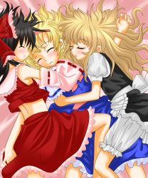 Rule 34 | 3girls, alice margatroid, apron, artist request, bed, bed sheet, black dress, black hair, blonde hair, bloomers, blue dress, blush, capelet, closed mouth, detached sleeves, dress, closed eyes, female focus, frills, from above, frown, girl on top, group hug, hairband, hakurei reimu, harem, highres, hug, japanese clothes, jpeg artifacts, kirisame marisa, long hair, long sleeves, lying, miko, multiple girls, on back, on side, on stomach, open mouth, red skirt, ribbon-trimmed sleeves, ribbon trim, short hair, skirt, sleeping, touhou, underwear, waist apron, wince, yuri