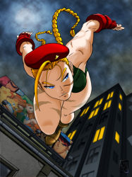 Rule 34 | 1girl, ahoge, antenna hair, beret, blonde hair, blue eyes, bodypaint, boots, braid, cameo, cammy white, camouflage, combat boots, fingerless gloves, from below, gloves, hat, huge ahoge, jumping, leotard, long hair, poster (object), ryu (street fighter), samuel perez salinas, scar, solo, street fighter, toned, twin braids