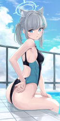 Rule 34 | 1girl, absurdres, adjusting clothes, adjusting swimsuit, andaan (an iota of), animal ear fluff, animal ears, ass, back cutout, bare back, blue archive, blue eyes, blue sky, blurry, clothing cutout, cloud, cloudy sky, commentary, competition swimsuit, depth of field, earrings, extra ears, from side, grey hair, hair between eyes, halo, head tilt, highleg, highleg swimsuit, highres, in water, jewelry, looking at viewer, looking to the side, medium hair, mismatched pupils, official alternate costume, official alternate hairstyle, one-piece swimsuit, outdoors, parted lips, ponytail, pool, poolside, shiroko (blue archive), shiroko (swimsuit) (blue archive), sidelocks, sitting, sky, sleeveless, solo, swimsuit, tile floor, tiles, wedgie, wolf ears, wolf girl