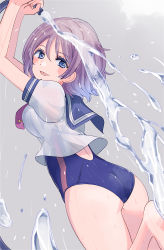 Rule 34 | 1girl, :p, ass, bad id, bad pixiv id, blue eyes, blue one-piece swimsuit, blue sailor collar, blush, breasts, cleaning, competition swimsuit, cream (nipakupa), gradient background, grey background, grey hair, hair between eyes, hose, looking at viewer, love live!, love live! sunshine!!, medium breasts, one-piece swimsuit, red neckwear, sailor collar, school uniform, serafuku, short hair, solo, swimsuit, swimsuit under clothes, tongue, tongue out, watanabe you, water, wet, wet clothes