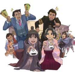 Rule 34 | 3boys, 3girls, ^^^, ace attorney, apollo justice, armband, artist name, bead necklace, beads, biting, black hair, blue eyes, brown hair, card, clubs, confetti, controller, diamond (shape), dog, formal, gakuran, game controller, gloves, grey eyes, hair slicked back, hat, heart, japanese clothes, jewelry, long hair, magatama, maya fey, meiji schoolgirl uniform, missile (ace attorney), multiple boys, multiple girls, necklace, necktie, official style, pearl fey, phoenix wright, pink necktie, pointing, pointing at viewer, rica diaz, ryunosuke naruhodo, school uniform, shiba inu, simple background, spade, suit, susato mikotoba, the great ace attorney, the great ace attorney: adventures, time paradox, top hat, trucy wright, waistcoat, white background, white gloves, wii remote