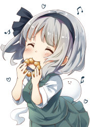 Rule 34 | 1girl, :3, = =, beamed eighth notes, blush, chibi, commentary request, cowboy shot, doughnut, eating, eighth note, floating hair, food, green skirt, green vest, hair ribbon, heart, highres, holding, holding food, konpaku youmu, konpaku youmu (ghost), leaning forward, musical note, pegashi, pleated skirt, pon de ring, ribbon, shirt, short hair, short sleeves, silver hair, simple background, skirt, smile, solo, standing, touhou, vest, white background, white shirt