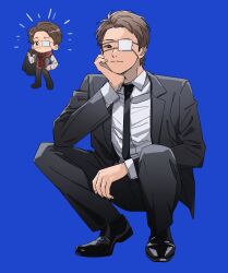 Rule 34 | 1boy, arm on own leg, black eyes, black footwear, black jacket, black pants, black sleeves, black suit, blazer, blue background, brown hair, chibi, chinese commentary, closed mouth, coattails, collared jacket, collared shirt, commentary request, elbow on knee, eyepatch, formal, full body, grey vest, hand on own cheek, hand on own face, hand on own hip, highres, holding, holding clothes, holding jacket, jacket, layered sleeves, light frown, long sleeves, looking at viewer, male focus, medical eyepatch, multiple views, notice lines, ohno satoshi, open clothes, open jacket, pants, real life, red scarf, scarf, shirt, shoes, short hair, simple background, squatting, standing, suit, vest, white shirt, white sleeves, ykyohi