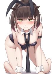 Rule 34 | 1girl, absurdres, all fours, animal ears, bad anatomy, barefoot, black leotard, blush, brown hair, closed mouth, detached collar, fake animal ears, full body, hatsuzuki (kancolle), highres, kantai collection, kiritto, leotard, looking at viewer, playboy bunny, rabbit ears, short hair, simple background, solo, strapless, strapless leotard, white background, wrist cuffs, yellow eyes