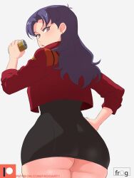 Rule 34 | 1girl, alcohol, artist name, ass, back, bare legs, beer, beer can, black dress, breasts, can, dress, drink can, frog (nmuv8433), hand on own hip, holding, holding can, huge ass, jacket, katsuragi misato, looking back, medium breasts, neon genesis evangelion, purple hair, red jacket, shiny skin, short dress, solo, wide hips
