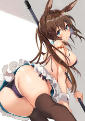 Rule 34 | 1girl, alternate breast size, amiya (arknights), animal ears, arknights, ass, bikini, black bikini, black thighhighs, blue eyes, blush, breasts, broom, brown hair, cameltoe, commentary, from behind, highres, long hair, looking at viewer, looking back, medium breasts, parted lips, partially visible vulva, rabbit ears, rabbit tail, solo, swimsuit, tail, thighhighs, togo (korlsj1235), wrist cuffs