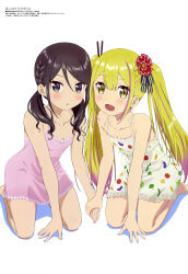 Rule 34 | 2girls, :d, absurdres, babydoll, black hair, blonde hair, blush, braid, breasts, cleavage, collarbone, dress, fruit print, fukuchi kazuhiro, grey eyes, hair between eyes, hair ornament, henjin no salad bowl, highres, holding hands, long hair, magazine scan, megami magazine, multicolored hair, multiple girls, naganawa yuna, official art, open mouth, parted lips, pink hair, print babydoll, purple babydoll, sara da odin, scan, simple background, smile, twintails, two-tone hair, white babydoll, white background, yellow eyes