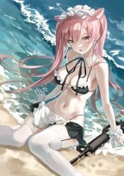 Rule 34 | 1girl, apron, arm support, bare shoulders, beach, bikini, black bikini, black ribbon, breasts, character request, cleavage, commentary, copyright request, cross, cross earrings, day, detached collar, didtldms0312, earrings, frilled apron, frilled bikini, frills, garter straps, gloves, gun, hair between eyes, hair ornament, highres, jewelry, large breasts, long hair, looking at viewer, maid, maid bikini, maid headdress, micro bikini, navel, neck ribbon, ocean, outdoors, parted lips, partially submerged, pink eyes, pink hair, ribbon, rifle, sitting, solo, stomach, swimsuit, symbol-only commentary, thighhighs, twintails, unconventional maid, very long hair, waist apron, water, waves, weapon, wet, white apron, white gloves, white thighhighs
