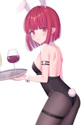 Rule 34 | 1girl, animal ears, arima kana, bare back, bare shoulders, bob cut, chalice, closed mouth, cup, highres, inverted bob, izumo neru, light blush, looking at viewer, oshi no ko, rabbit ears, rabbit tail, red eyes, red hair, short hair, simple background, solo, tail, tight clothes, white background