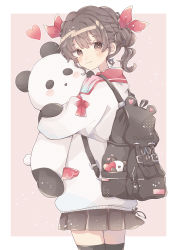Rule 34 | 1girl, absurdres, backpack, bag, black thighhighs, border, bow, brown eyes, brown hair, brown skirt, closed mouth, commentary request, cowboy shot, double bun, hair bow, hair bun, heart, highres, holding, holding stuffed toy, jacket, light blush, long sleeves, looking at viewer, muto 095, hugging object, original, pink background, pleated skirt, red bow, skirt, smile, solo, stuffed animal, stuffed panda, stuffed toy, thighhighs, white border, white jacket