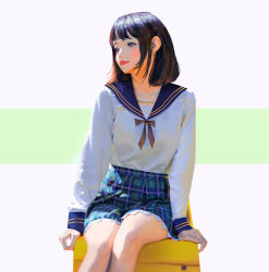 Rule 34 | 1girl, absurdres, brown hair, closed mouth, copyright request, feet out of frame, green background, highres, long sleeves, looking away, plaid, plaid skirt, school uniform, short hair, simple background, sitting, skirt, sleeves past wrists, solo, white background, wonbin lee