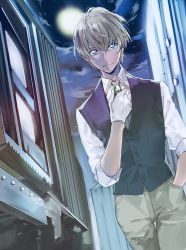 Rule 34 | 1boy, amuro tooru, black vest, blonde hair, blue eyes, brown pants, building, buttons, closed mouth, cloud, cloudy sky, collared shirt, commentary request, cowboy shot, dreaming182, full moon, gloves, hair between eyes, hand in pocket, hand up, highres, looking at viewer, male focus, meitantei conan, moon, night, night sky, outdoors, pants, shirt, short hair, short sleeves, sky, smile, solo, standing, star (sky), starry sky, vest, white gloves, white shirt
