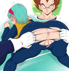 Rule 34 | 1girl, all fours, anus, ass, blue eyes, blush, bulma, cleft of venus, dragon ball, dragonball z, embarrassed, from behind, gloves, green hair, highres, legs, medium hair, motion lines, no panties, open mouth, pov, pov hands, pussy, rape, simple background, smile, tears, thighs, torn clothes, uncensored, vegeta, xenodoujin