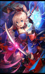 Rule 34 | 1girl, autumn leaves, blue eyes, breasts, detached sleeves, earrings, fate/grand order, fate (series), hair ornament, japanese clothes, jewelry, katana, kimono, large breasts, leaf, looking at viewer, miyamoto musashi (fate), miyamoto musashi (third ascension) (fate), open mouth, pink hair, ponytail, sash, solo, sword, thighhighs, weapon, yunohito