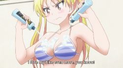 Rule 34 | 10s, 1girl, animated, animated gif, ass, bakuon!!, barefoot, bikini, blonde hair, breasts, brown eyes, large breasts, lowres, motor vehicle, motorcycle, soap, solo, striped bikini, striped clothes, subtitled, suzunoki rin, swimsuit, tsurime, twintails