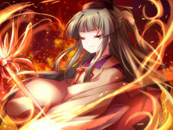 Rule 34 | 1girl, akinomiya asuka, black hat, closed eyes, closed mouth, commentary request, detached sleeves, fire, green hair, hair ribbon, hat, japanese clothes, kariginu, kimono, long hair, mystical power plant, original, purple kimono, red ribbon, ribbon, sleeves past fingers, sleeves past wrists, smile, solo, suitokuin tenmu, tate eboshi, touhou, upper body